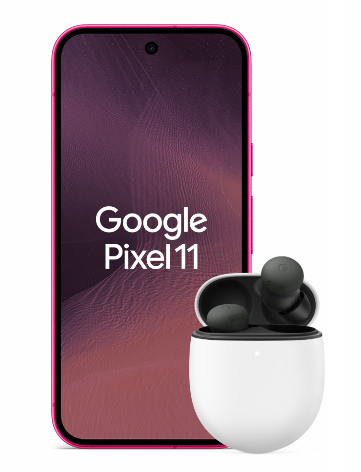 Google Pixel 11 i färgen Hibiscus med Pixel Buds