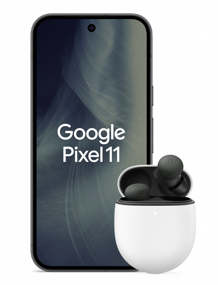 Google Pixel 11 i färgen Obsidian med Pixel Buds