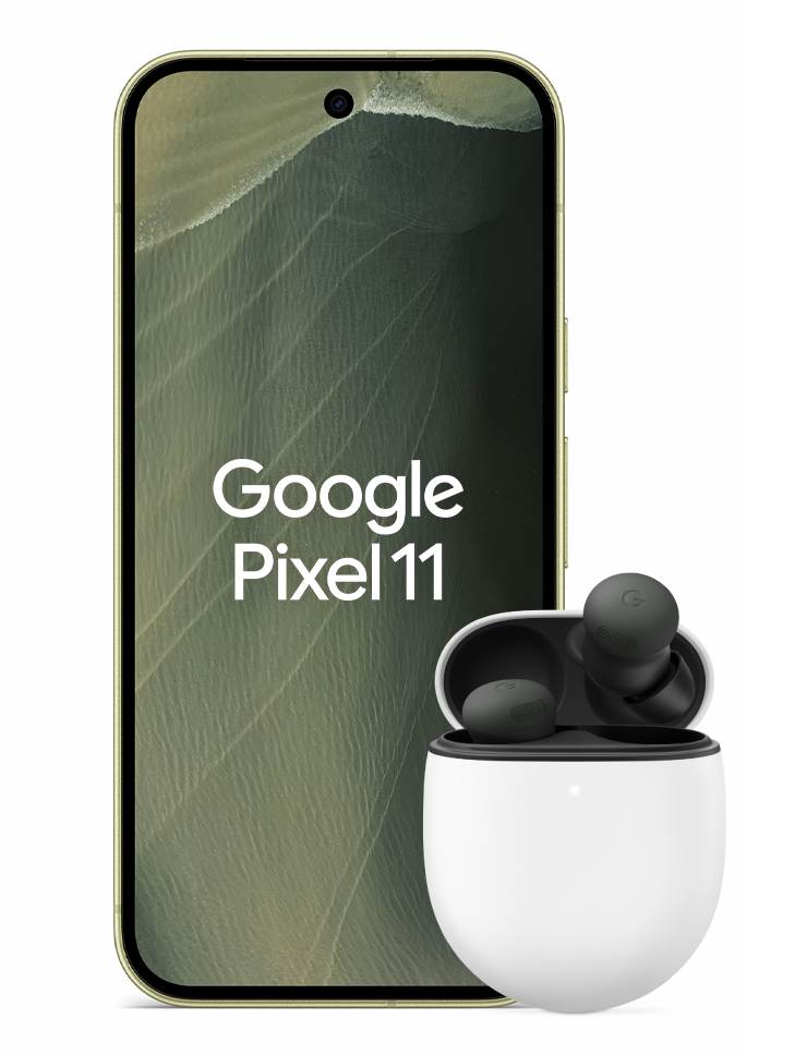 Google Pixel 11 i färgen Pistachio med Pixel Buds