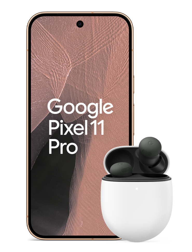 Google Pixel 11 Pro i färgen Canyon med Pixel Buds