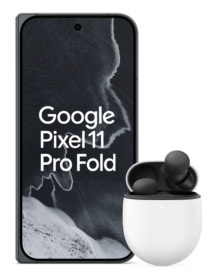 Google Pixel 11 Pro Fold i färgen Obsidian med Pixel Buds