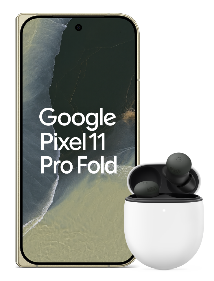 Google Pixel 11 Pro Fold i färgen Olive med Pixel Buds