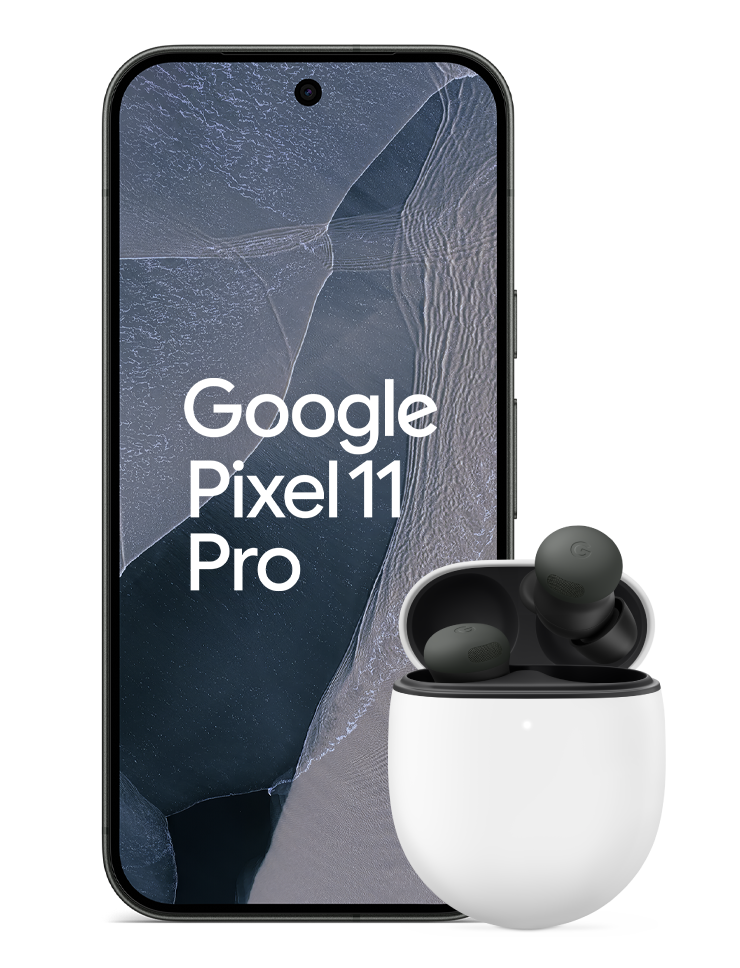 Google Pixel 11 Pro i färgen Obsidian med Pixel Buds