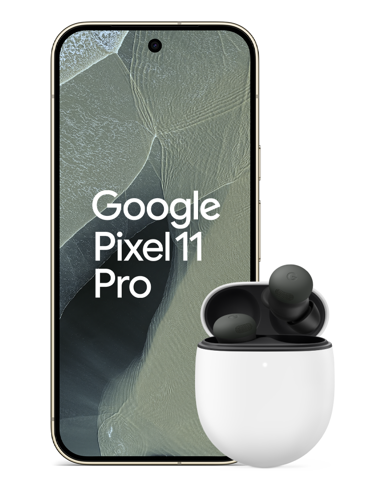 Google Pixel 11 Pro i färgen Olive med Pixel Buds