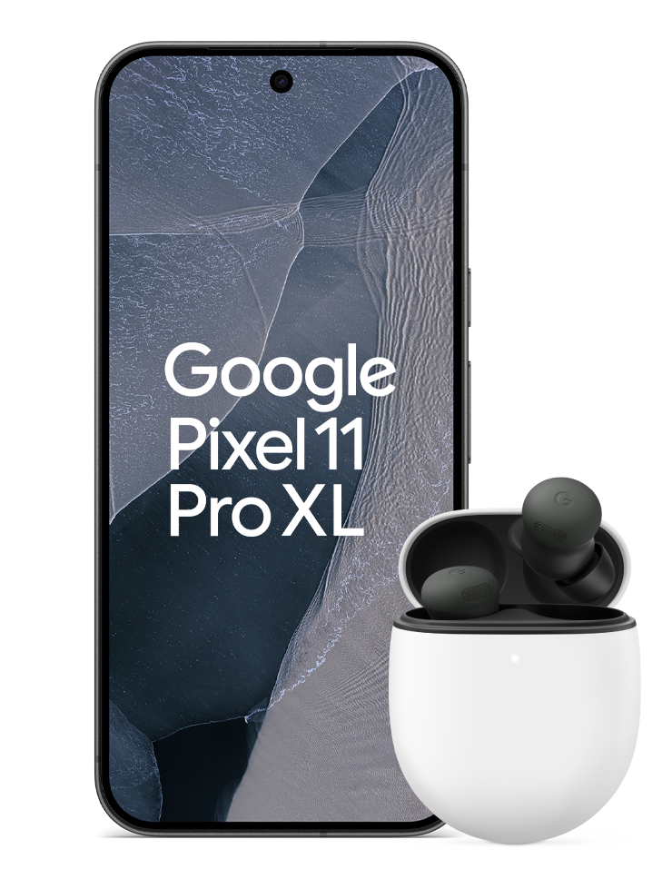 Google Pixel 11 Pro XL i färgen Obsidian med Pixel Buds