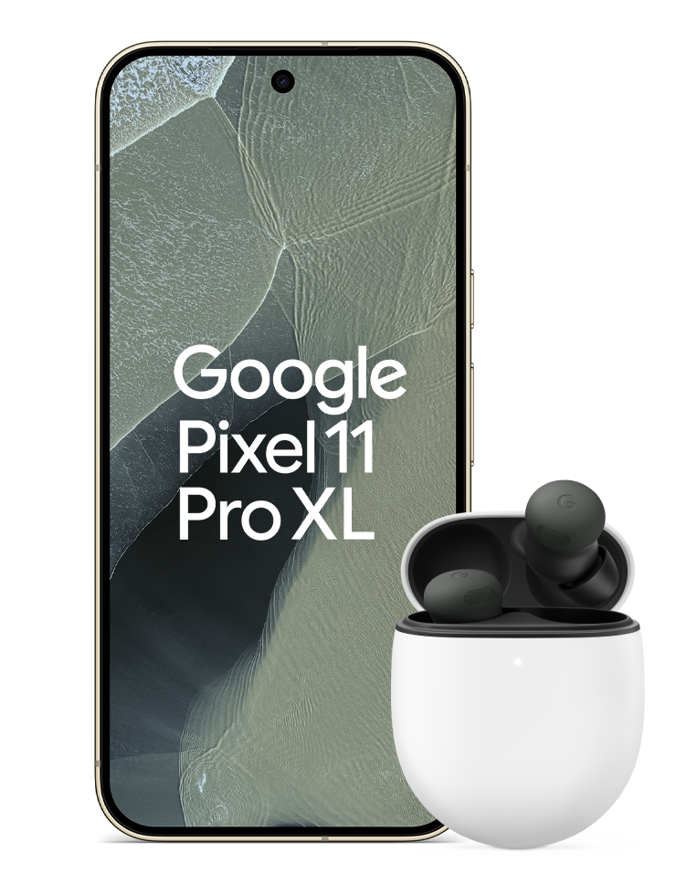 Google Pixel 11 Pro XL i färgen Olive med Pixel Buds